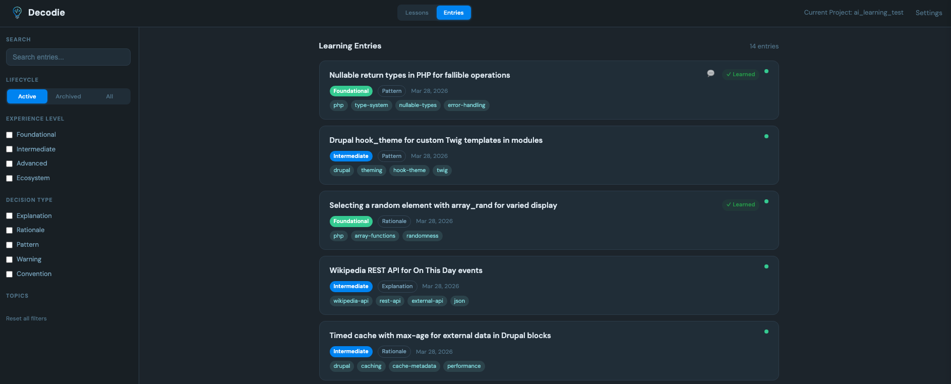 Entries list with filtering by level, topic, and type