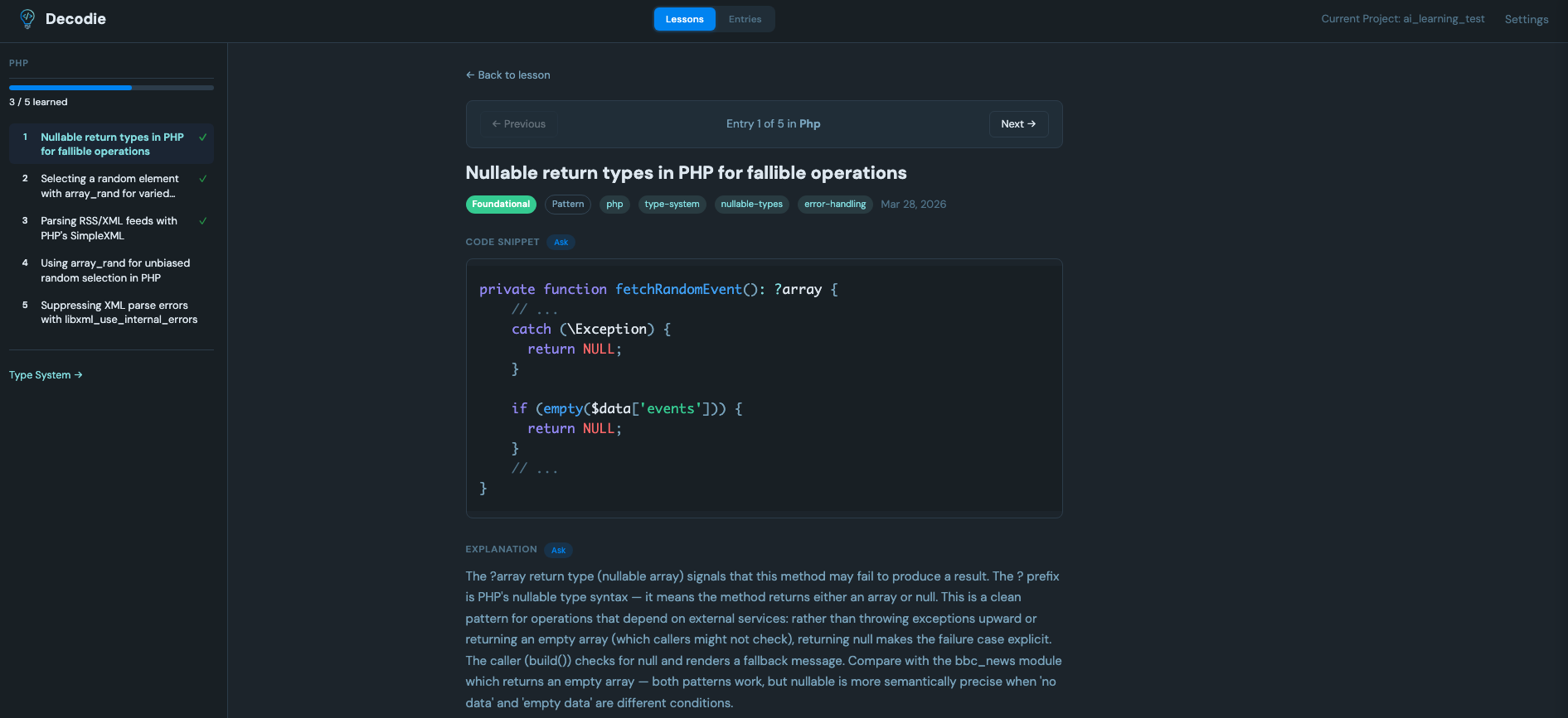 Entry detail with code snippet, explanation, and lesson navigation