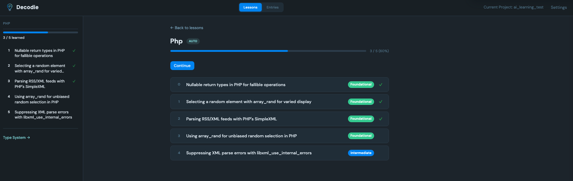 Lesson detail showing ordered entries with sidebar outline