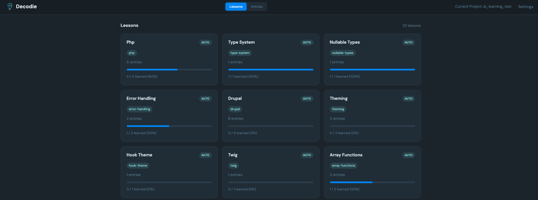 Lessons view showing topic-based lesson cards with progress indicators