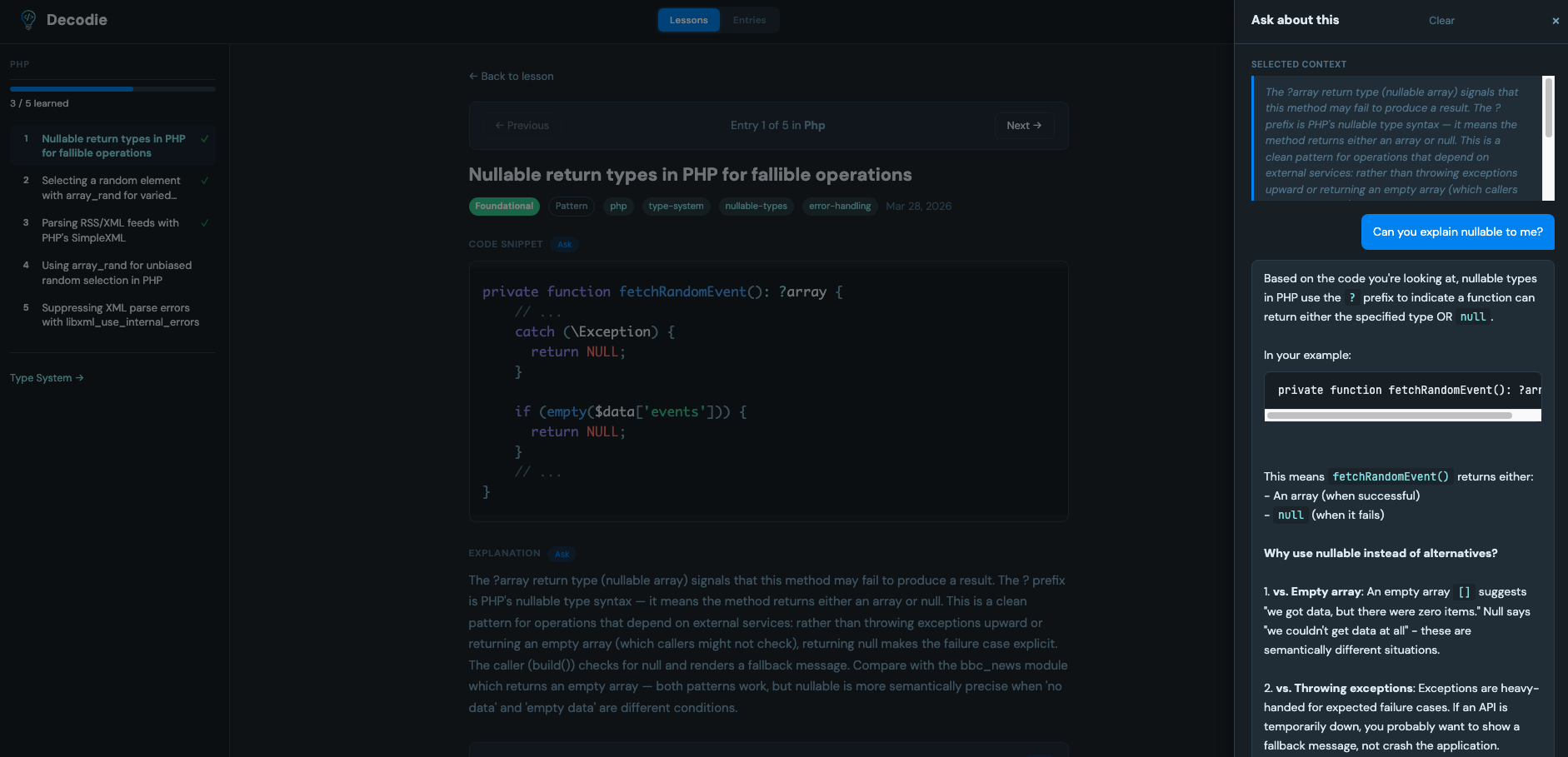 Interactive Q&A panel with conversation context